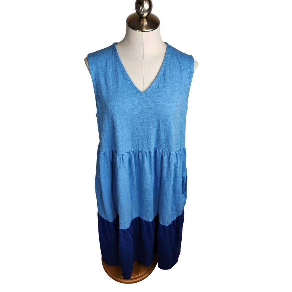 Chico's Midi Dress Women Large Blue Tiered Sleeveless Cotton‎ Slub V-Neck